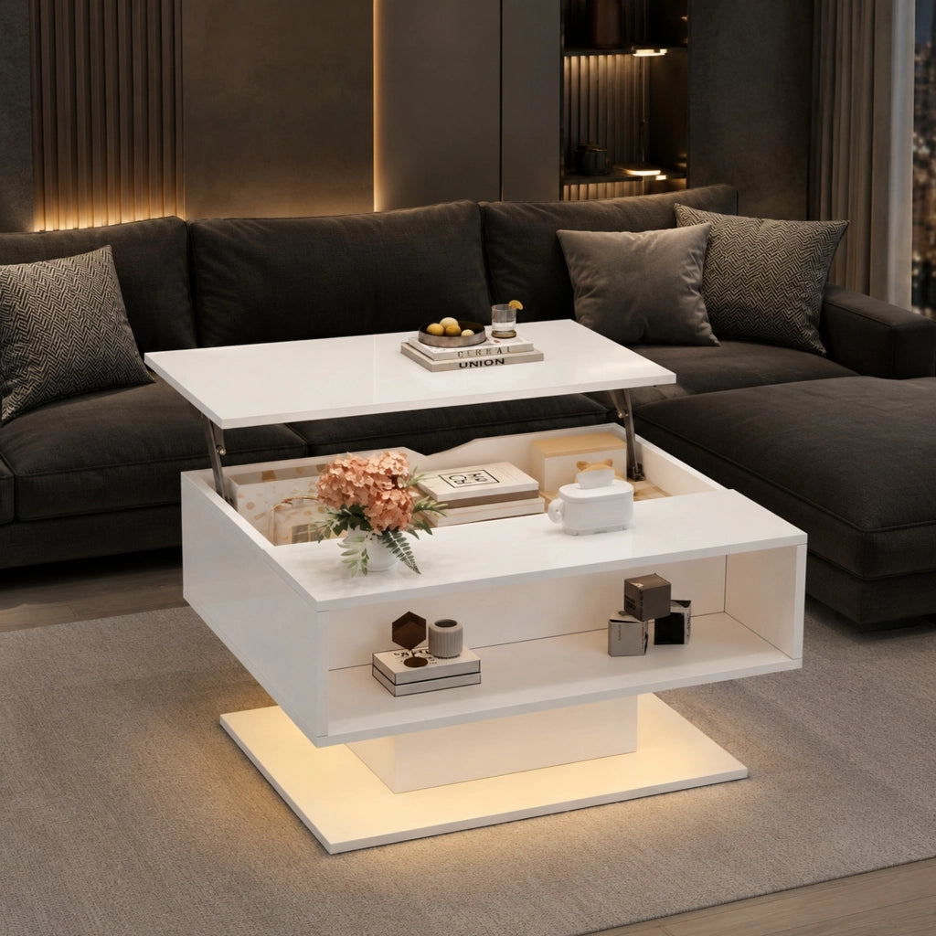 Tavolino da salotto elevabile con LED e vani contenitore; 80 x 75 x 40 cm; bianco