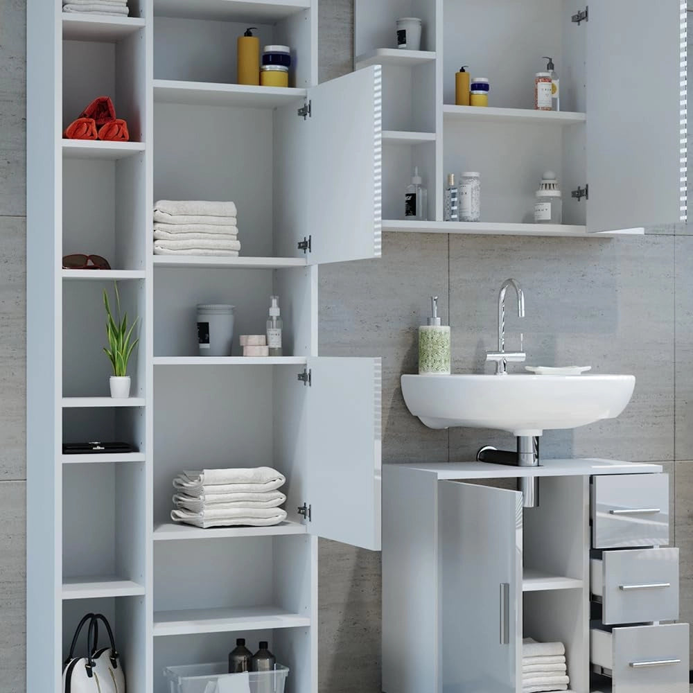 Set mobili bagno Ilias, Bianco lucido, 60 cm, composto da mobile sottolavabo, specchiera e colonna alta