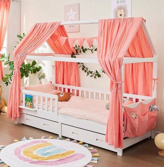 Decorazione per letto a tre pezzi con 2 coperture per letto a baldacchino, 1 coda di pavone da tenda da 300 cm, per letto per bambini, 100% cotone mousseline biologico, certificato GOTS, 125 x 350 cm, rosa.