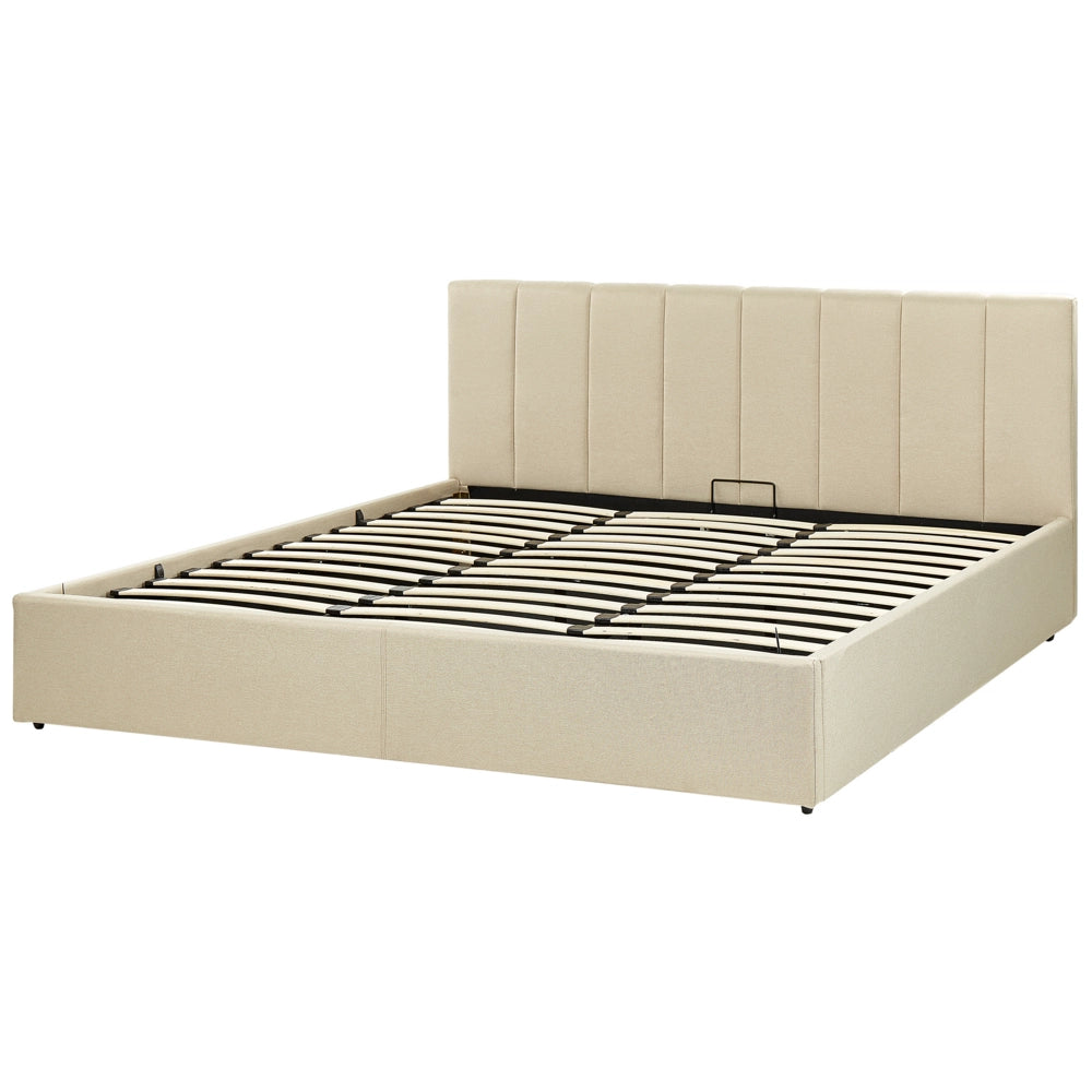 Letto contenitore Rivestimento in tessuto beige 180 x 200 cm con testiera a doghe