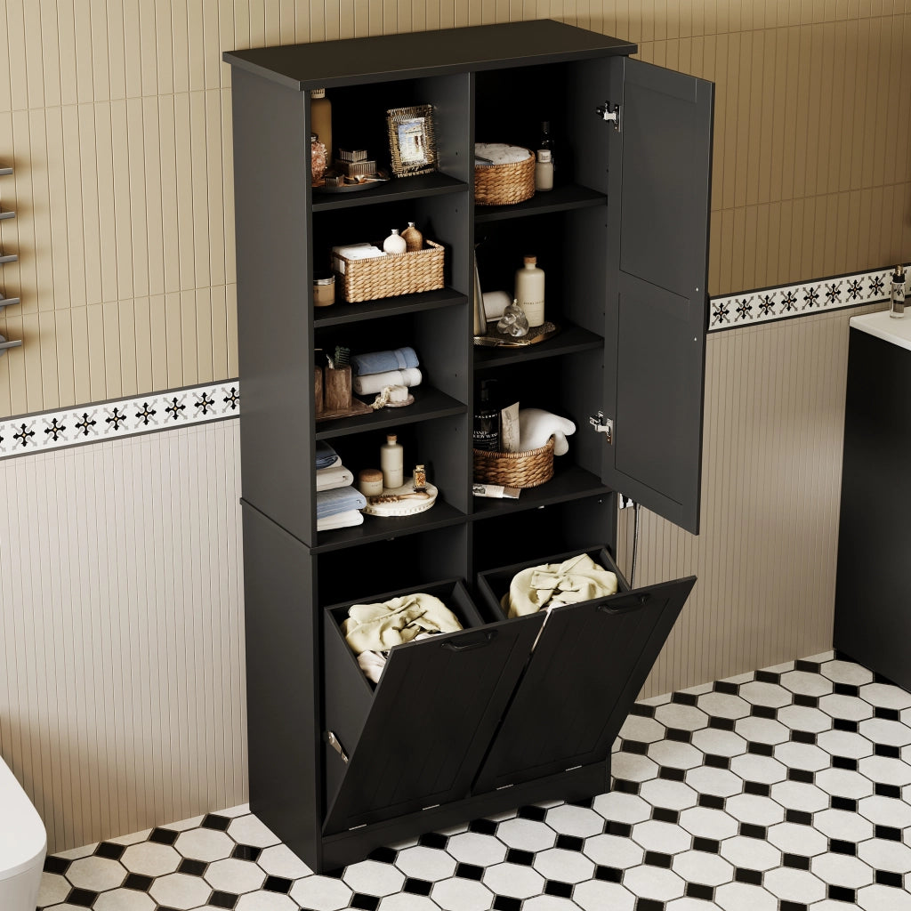 Armadietto da bagno con 1 anta 2 cesti portabiancheria e ripiani regolabili in MDF nero 78 × 35 × 172,7 cm