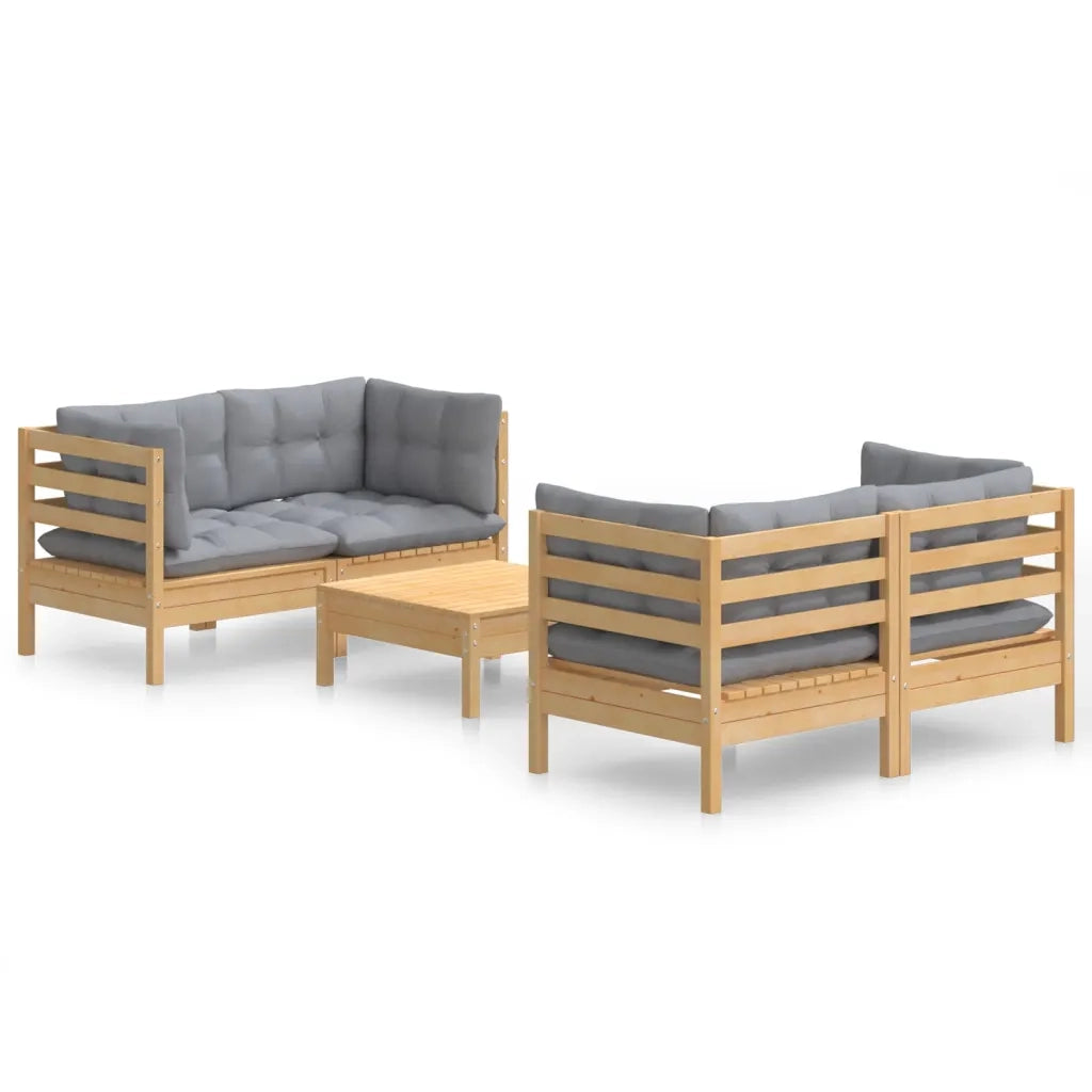 Set Divani da Giardino 5 pz con Cuscini Grigi Massello di Pino cod mxl 38624