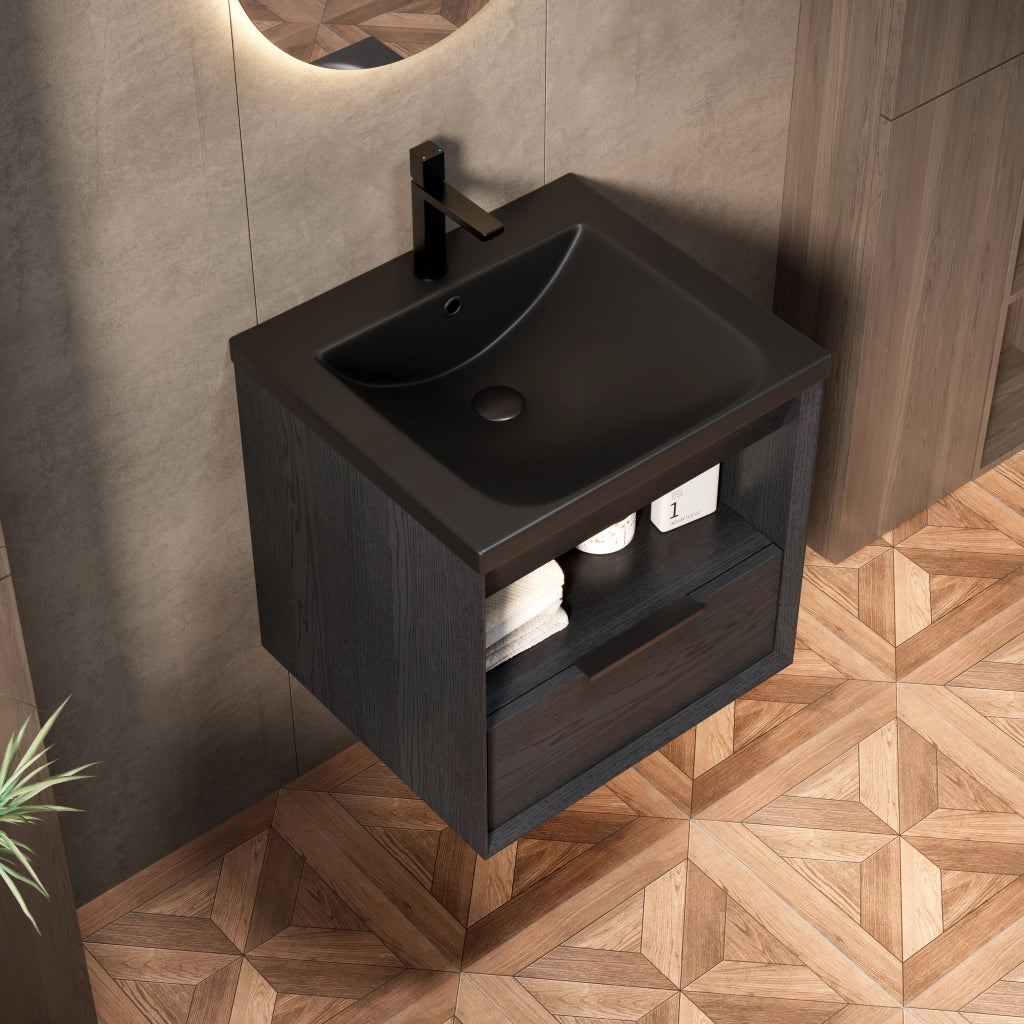 Mobile sottolavabo da bagno con lavabo integrato, cassetto e ripiano aperto, per bagno, nero e rovere scuro, 59 × 55 × 63 cm