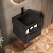 Mobile sottolavabo da bagno con lavabo integrato, cassetto e ripiano aperto, per bagno, nero e rovere scuro, 59 × 55 × 63 cm