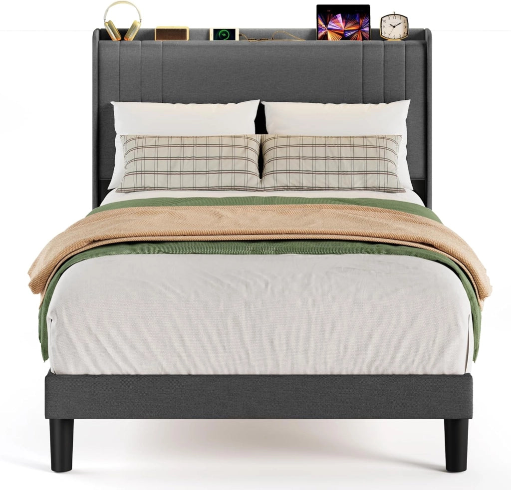 Letto imbottito con luce LED 120 x 200 cm，Piattaforma Struttura letto (2 Prese CA 2 Porte USB), Per le camere degli ospiti e le camere da letto (Grigio scuro)