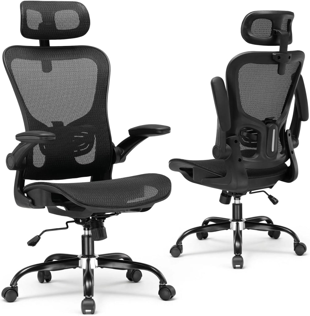 Sedia da ufficio ergonomica, da scrivania con poggiatesta regolabile, braccioli, supporto lombare, sedia da ufficio e da gioco, sedia direzionale in rete, 150 kg (nero)
