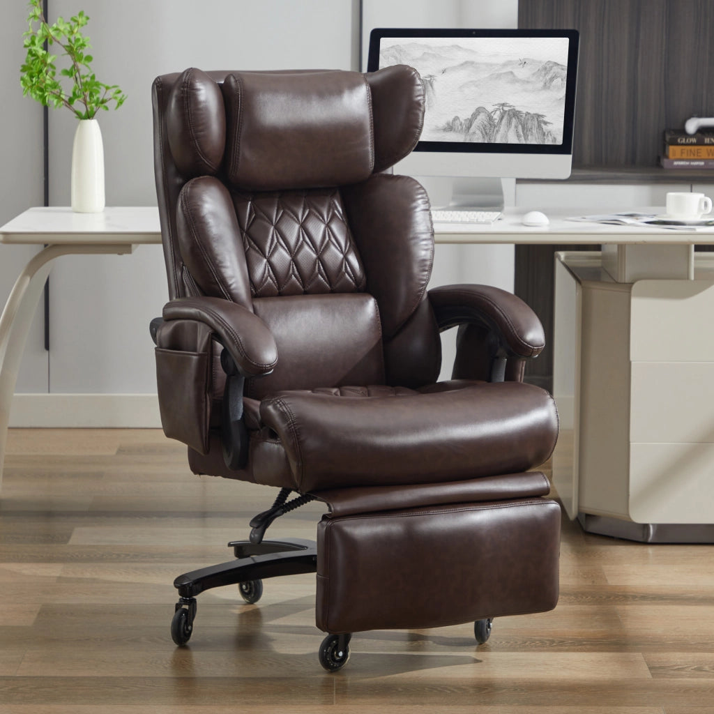 Sedia da Ufficio Ergonomica con Massaggio e Riscaldamento ¨C Xylo ¨C Ecopelle, Poggiapiedi, Marrone