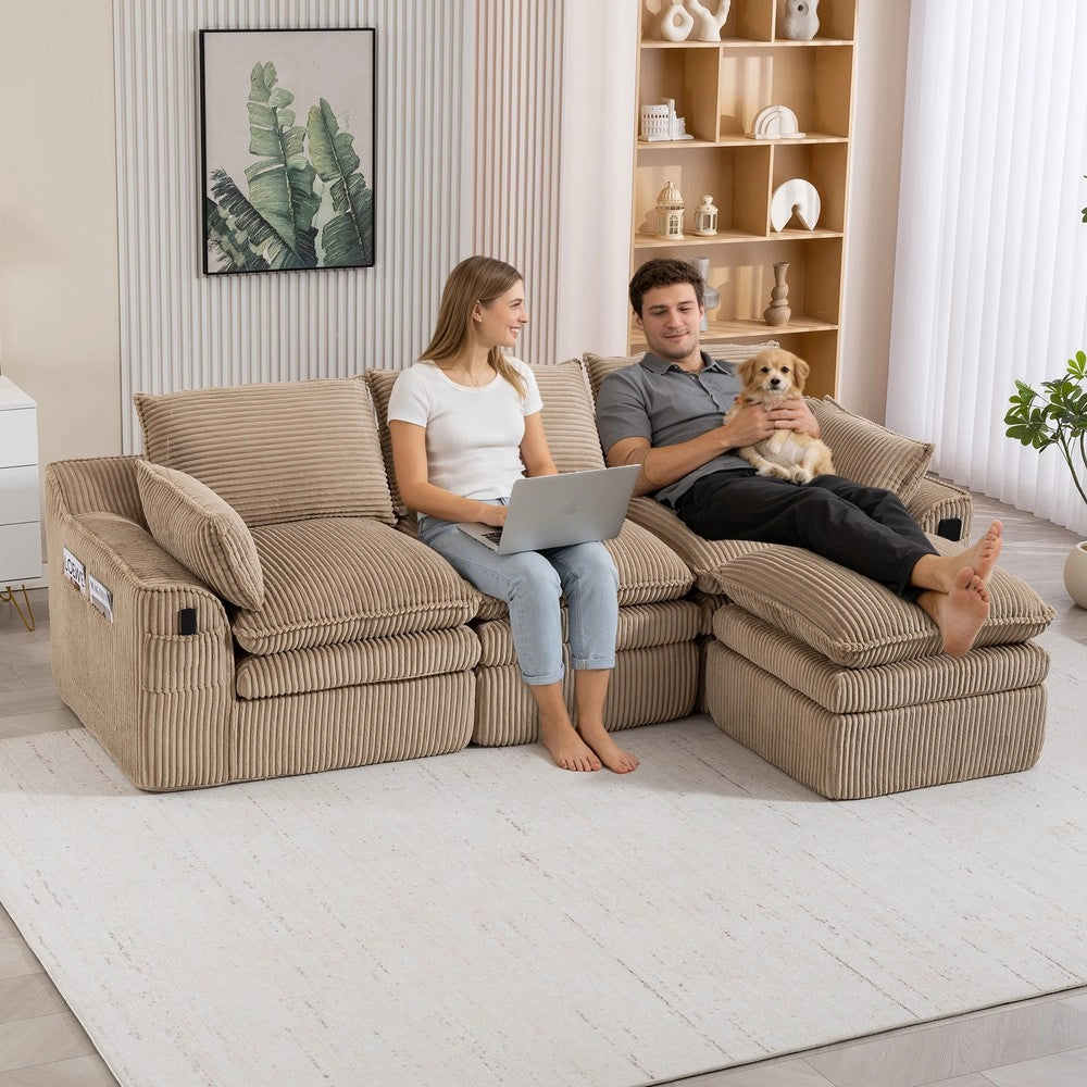 Divano modulare 3 posti con poggiapiedi - Zephmum- Khaki, cuscini e tasche laterali, schiuma a 3 strati