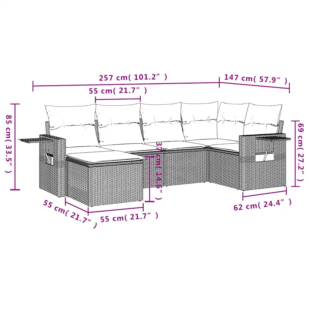 Set Divano da Giardino 6pz con Cuscini Grigio Chiaro Polyrattan