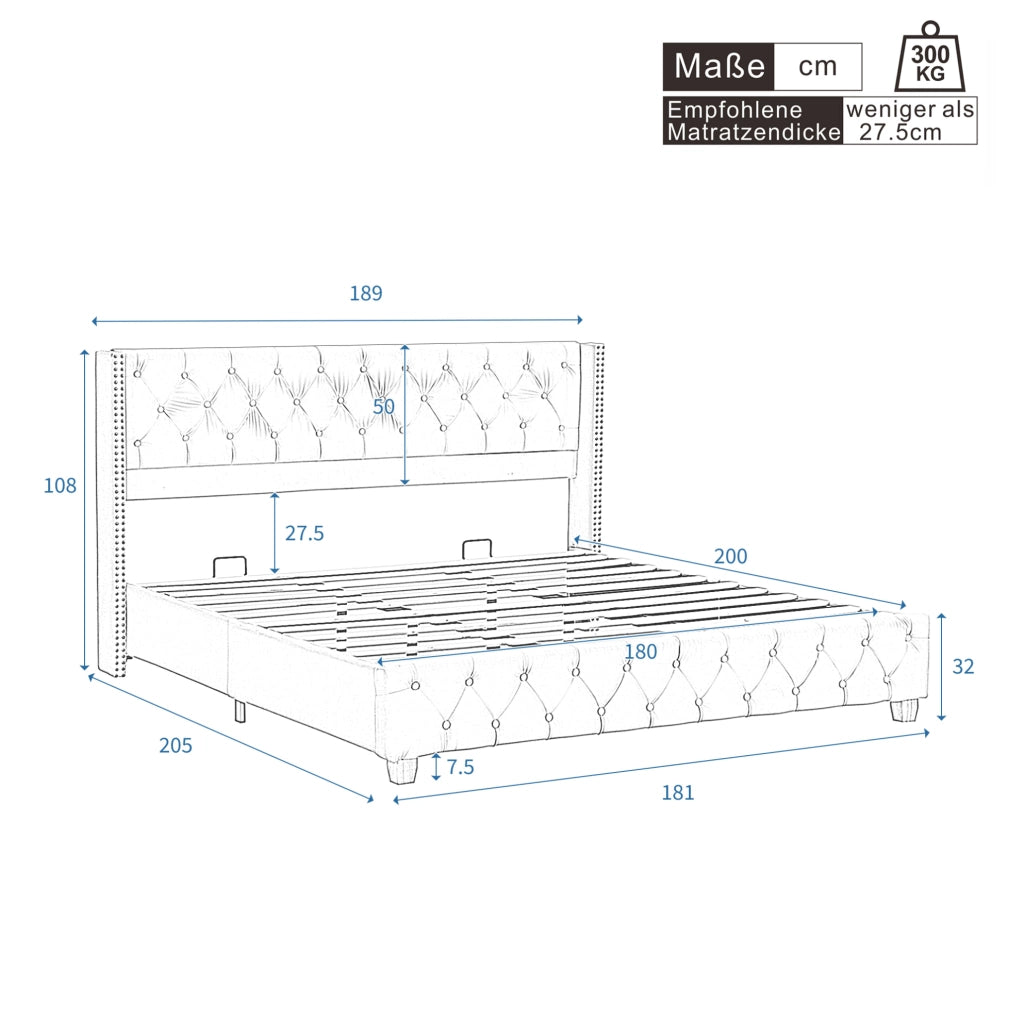 Letto imbottito 180x200 cm con testiera capitonn茅 e borchie; velluto beige chiaro (Senza materasso)