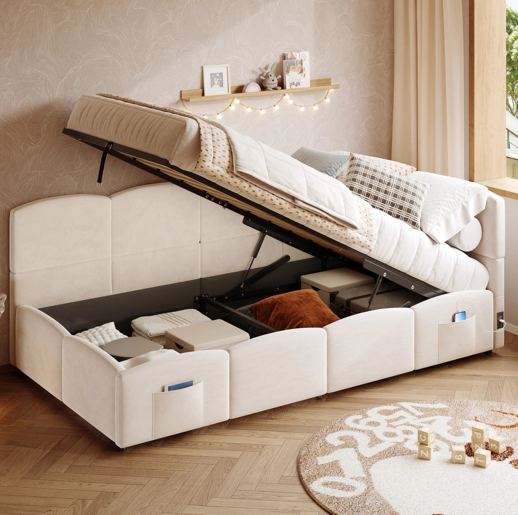 Letto singolo imbottito 90x200 cm con vano contenitore e USB