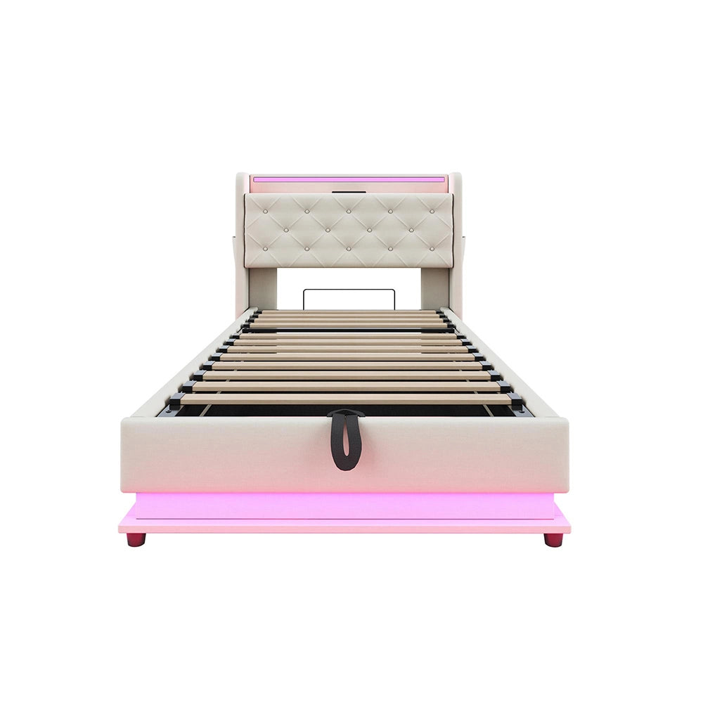 Letto bambino-Xylo-90x200 cm-LED RGB, USB, tasca telefono, lino beige