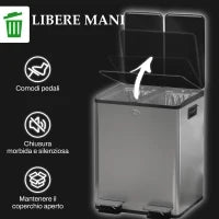 Bidone Immondizia a 2 Sezioni da 20L con Chiusura Silenziosa, in Acciaio Inox e PP, 45.8x36x51.6 cm