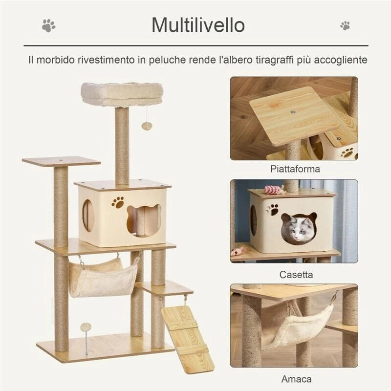 ALBERO TIRAGRAFFI MULTILIVELLO CON CASETTA, AMACA, SCALETTA E CORDE IN JUTA, RIVESTIMENTO PELUCHE, 60X40X130CM, GIALLO