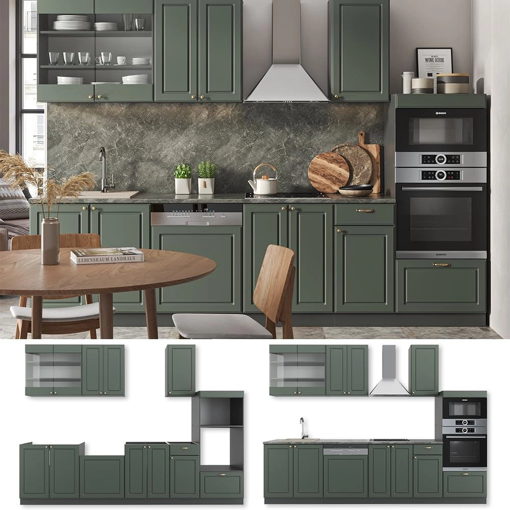 Cucina componibile Fame-Line, Verde-oro Country House/Antracite, 300 cm con armadio alto, PL Rovere, espandibile con moduli aggiuntivi e disposizione variabile