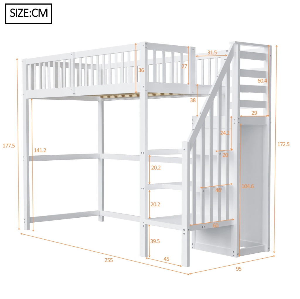 LETTO A CASTELLO 90x200 cm con scala e armadio, bianco, legno