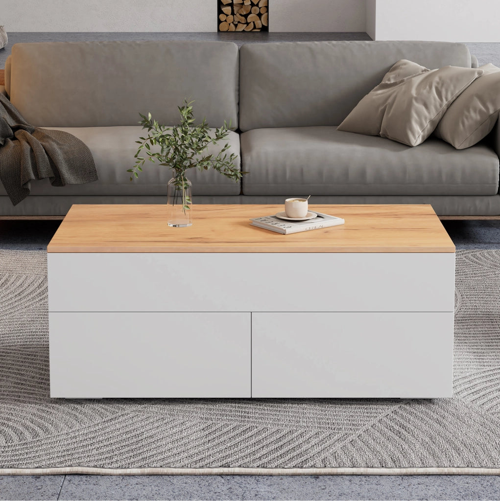 Tavolino da soggiorno sollevabile 100x50x40 cm in truciolare bianco con 2 cassetti