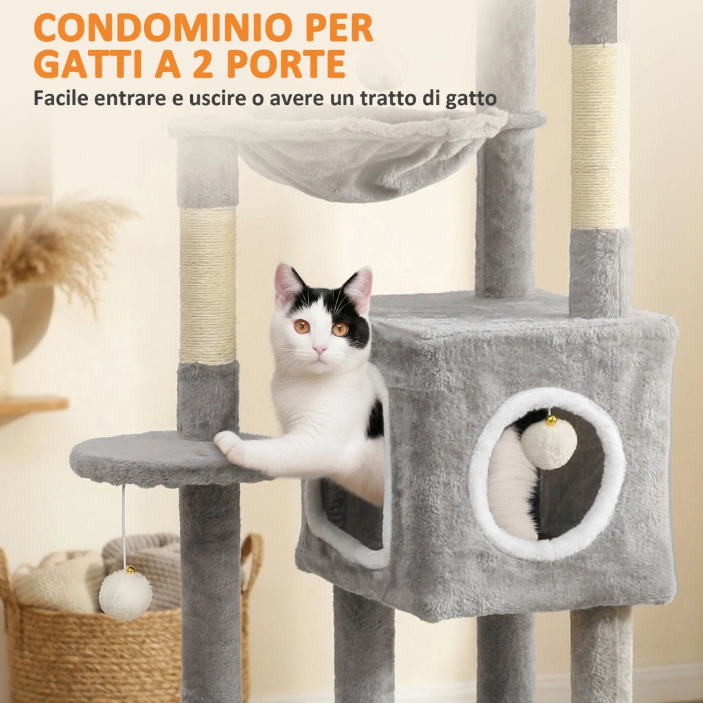 Albero Tiragraffi per Gatti con Casette e Palline ¨C zephmum ¨C Grigio e Bianco 48x40x165 cm