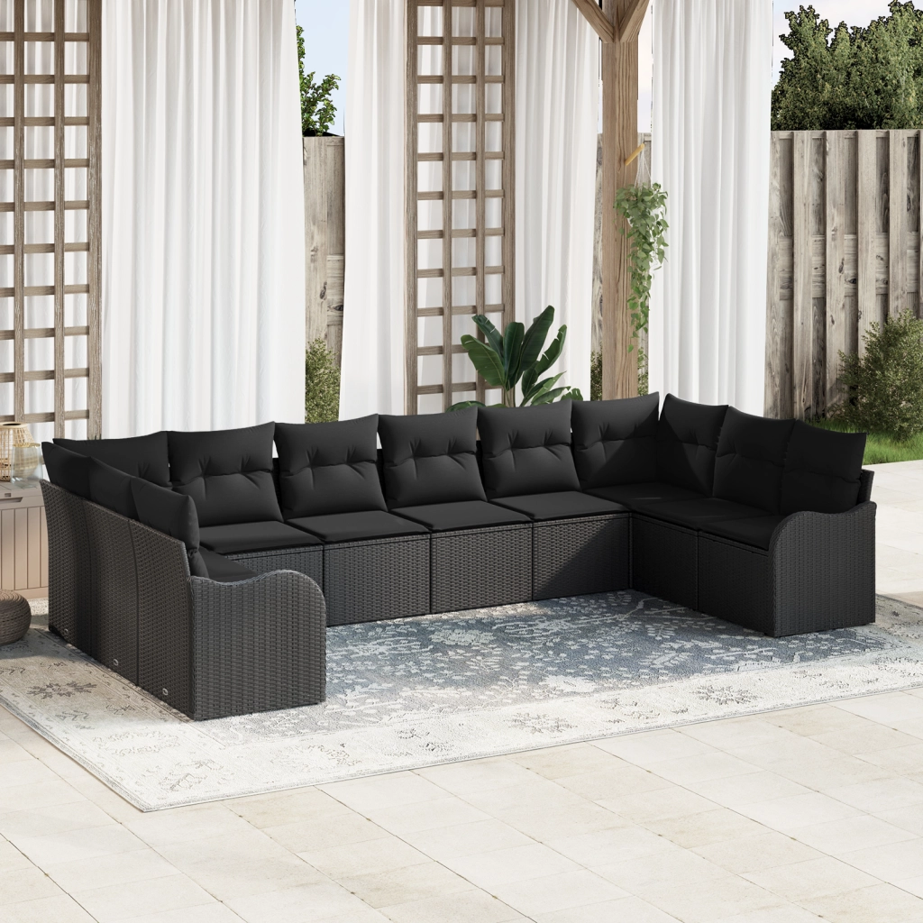 Set di divano da giardino  10 pezzi con cuscini neri in polyrattan
