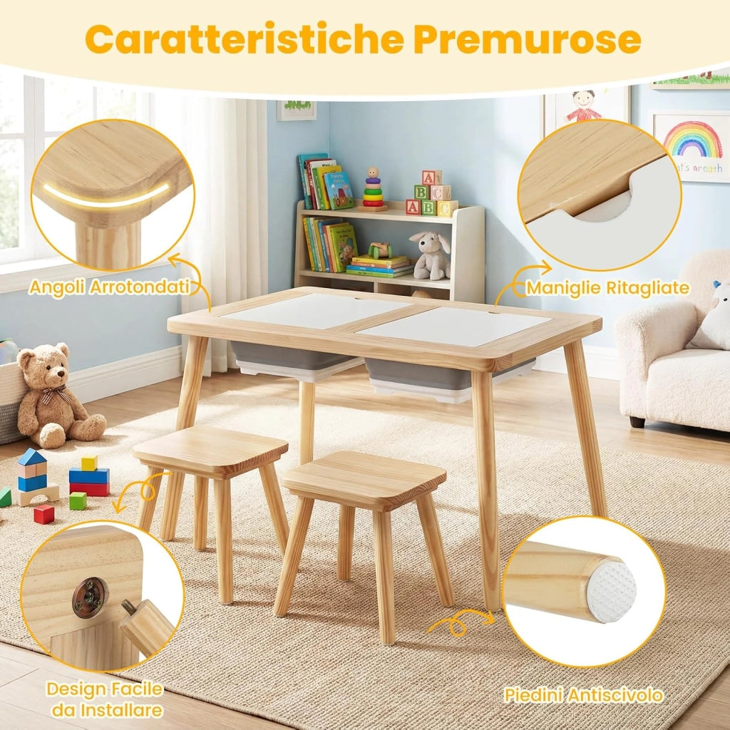 Set Tavolo con 2 Sedie per Bambini 3+ Anni, Tavolo e Sedie con Piano Doppio Lato Rimuovibile e 2 Contenitori, Gambe Robuste in Legno, Tavolo Attività per Gioco e Disegno (con Sedie Quadrate)