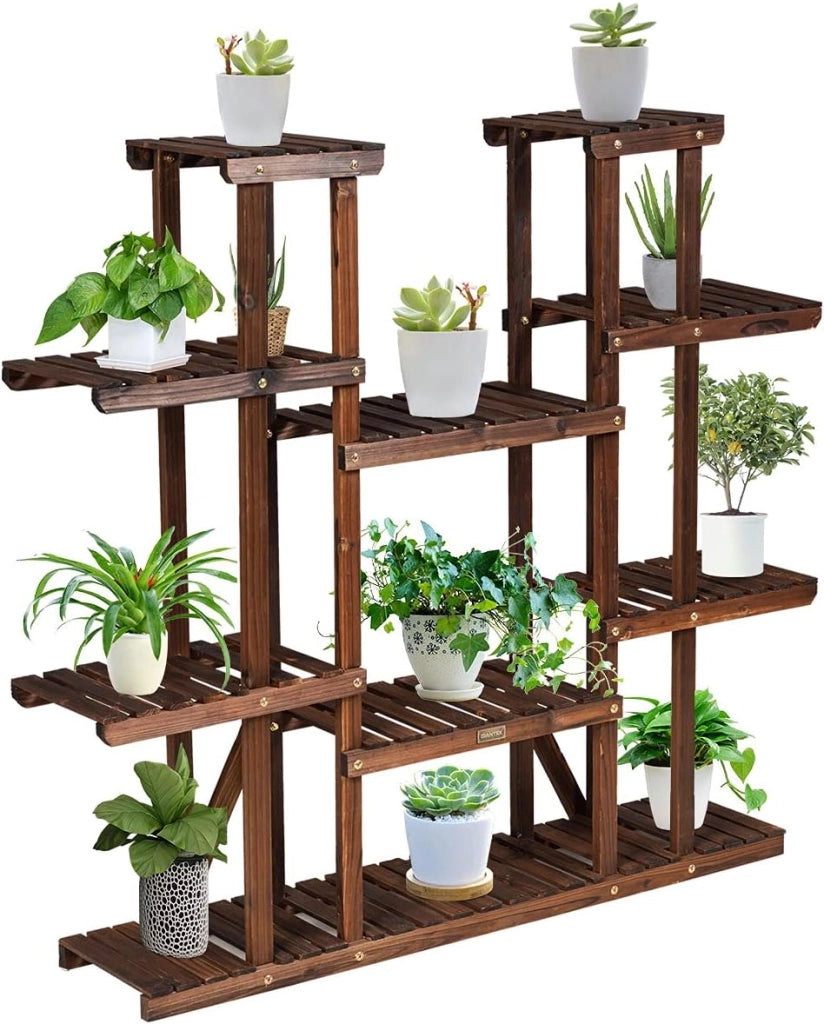 Scaffale Portapiante, Supporto per Fiori a 9 Ripiani in Legno, Spazioso Multifunzionale per Piante Libri e Decorazioni, per Esterno e Interno, Come Giardino/Balcone/Salotto (113x25x114cm)