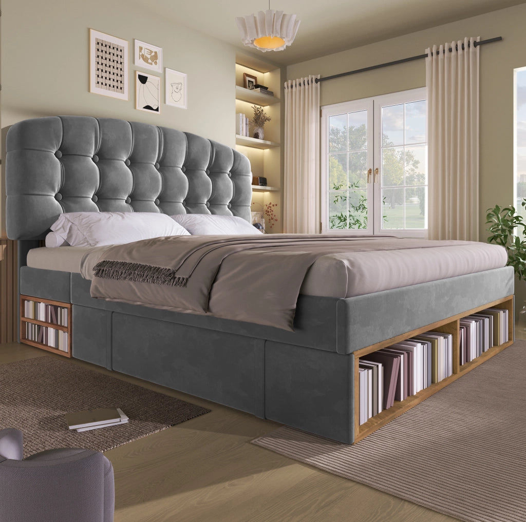 Letto imbottito 140x200 cm con testiera regolabile; cassetti e vani; velluto grigio
