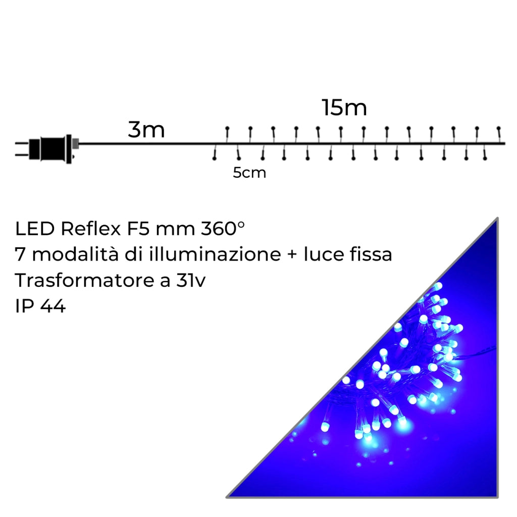 CATENA LUMINOSA 300 LED BLU 15M CAVO TRASPARENTE PER INTERNI ED ESTERNI - DECORAZIONE NATALIZIA IDEALE PER CASE GIARDINI E SPAZI COMMERCIALI