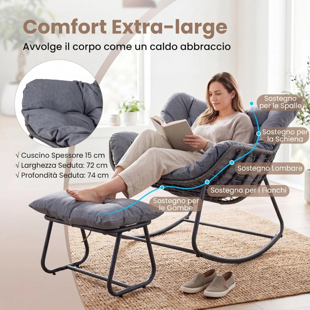Sedia a Dondolo da Interno ed Esterno, Poltrona a Dondolo con Poggiapiedi e Cuscini Rimovibili, Poltrona Relax in Rattan con Telaio in Metallo per Soggiorno e Giardino, Portata 150 kg (Grigio)