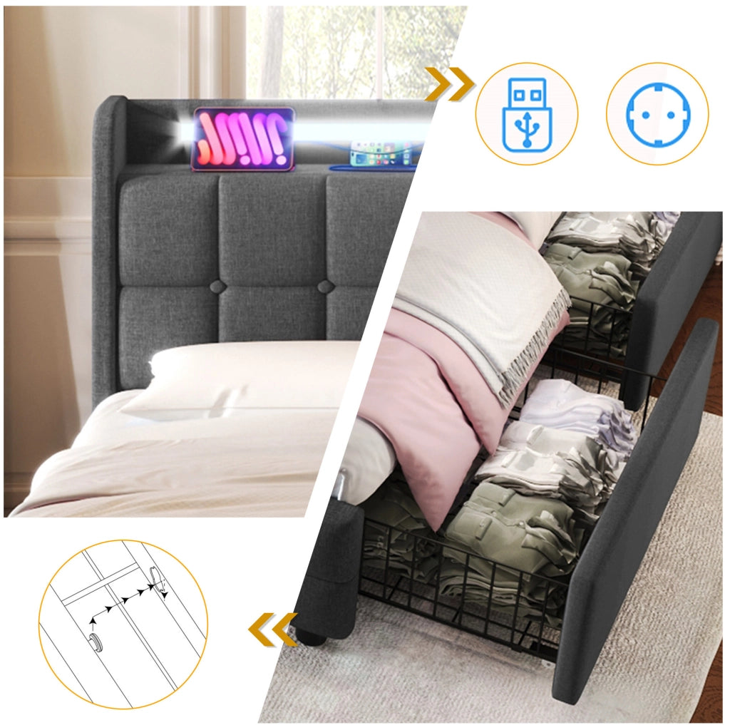 Letto imbottito 90x200 cm con USB; LED e 2 cassetti; grigio