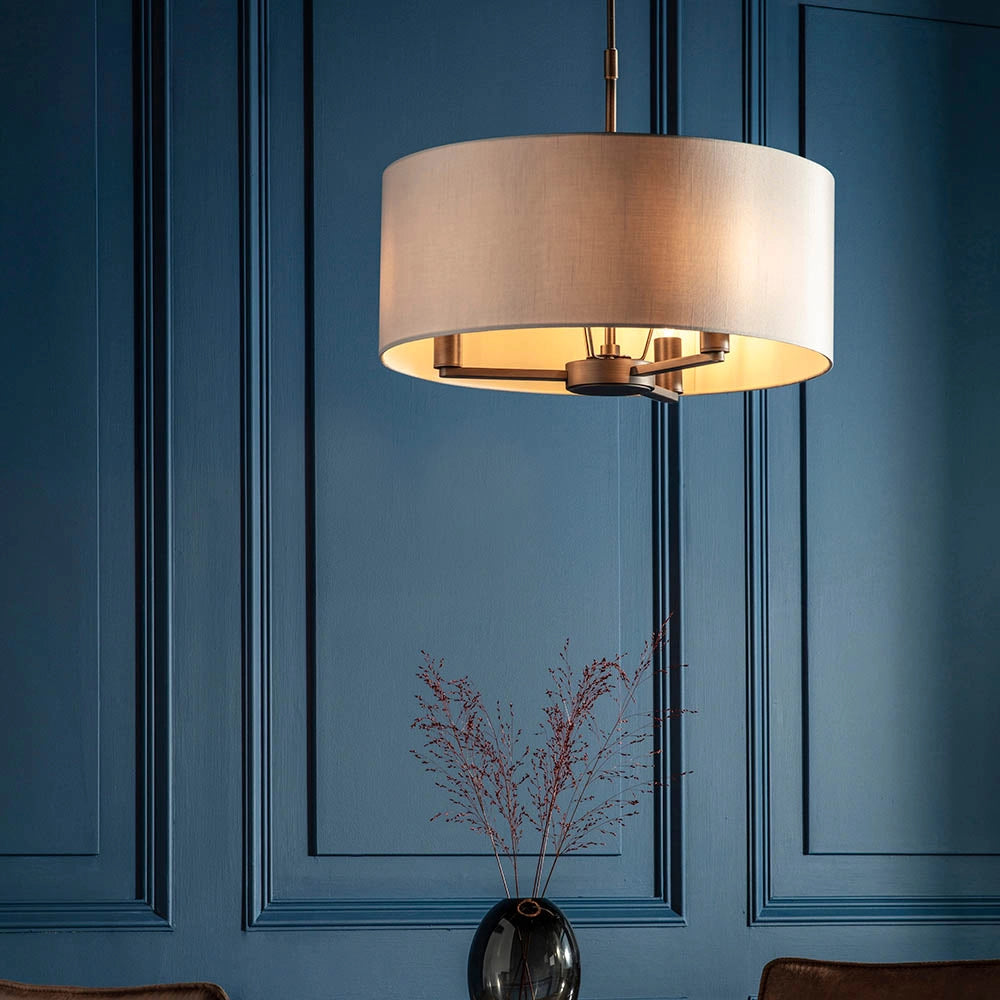 Lampadario 3 luci bronzo antico paralume lino E14 Daley