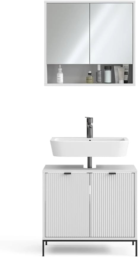 Set di mobili da bagno Eliza, Bianco, 70 cm, composto da specchio da bagno e mobile sottolavabo