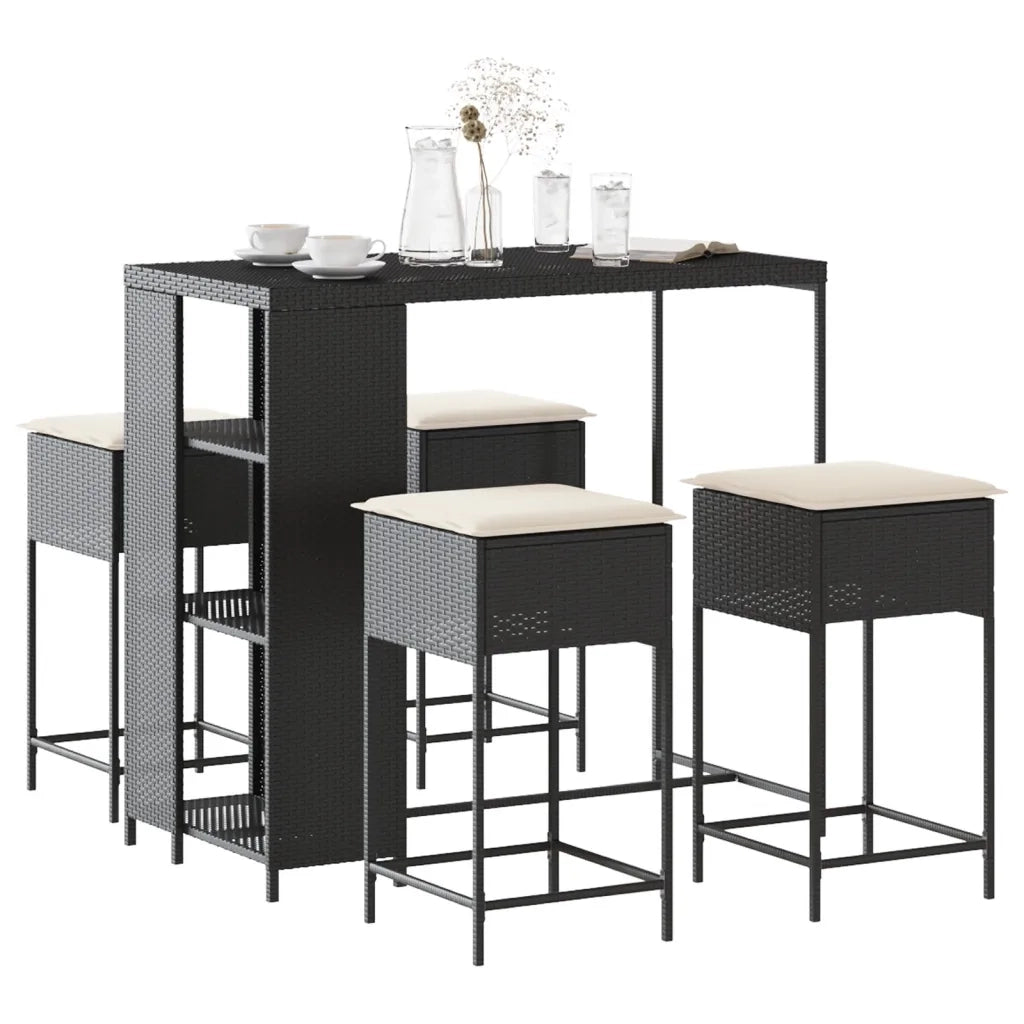 vidaXL Set Bar da Giardino 5 pz con Cuscini in Polyrattan Nero