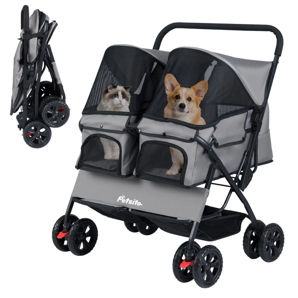 Passeggino doppio animali carrozzina 2 posti tettuccio regolabile, Passeggino doppio animali cuscino sicurezza Grigio-Giochi e accessori per cani