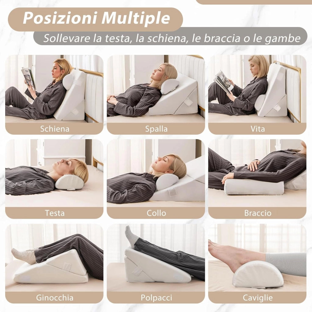 Set di 3 Cuscini a Cuneo per Letto, Cuscino Inclinabile Regolabile con Schiuma Memory Air, Set di Cuscini Alleviare il Dolore alla Schiena Collo e alle Gambe (Bianco)