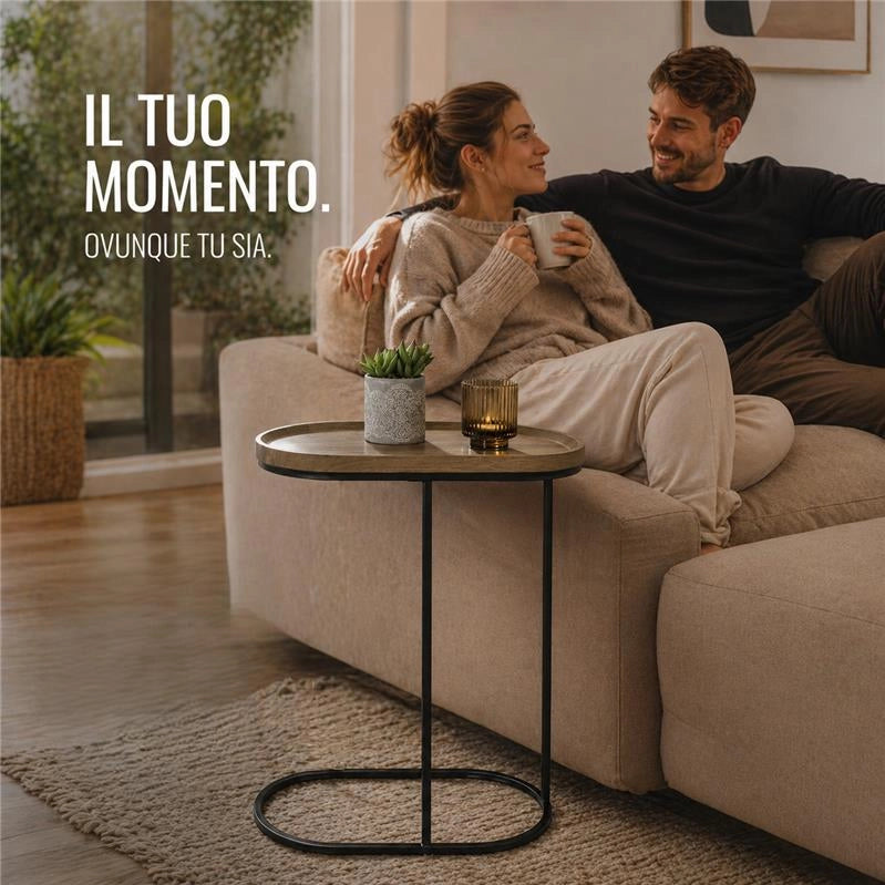 TAVOLINO CON STRUTTURA IN METALLO NERO E TOP IN MDF EFFETTO LEGNO SCURO MISURE: 46X30X60CM