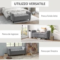 Panca Fondo Letto in Tessuto Vellutato con Spazio Portaoggetti e Braccioli, 126x48.5x57 cm, Grigio