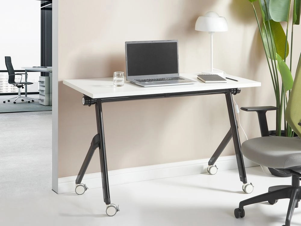 Scrivania rettangolare pieghevole con rotelle portatile con struttura in metallo bianco e nero 120 x 60 cm stile moderno
