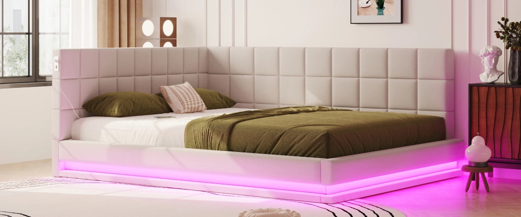 Divano Letto Imbottito 160x200 cm con LED, USB e Rete a Doghe in Lino Beige