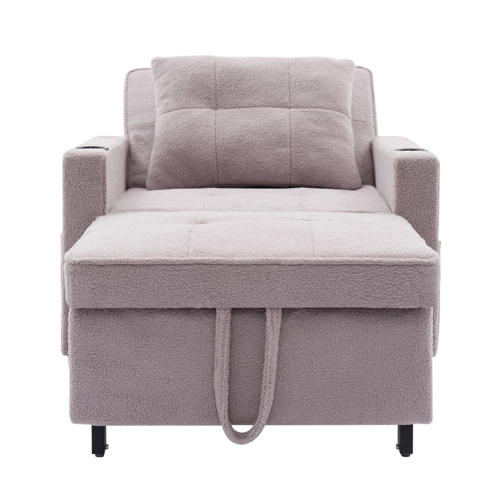 Poltrona letto 3 in 1 con USB; portabicchieri e tasca laterale in legno e metallo grigio