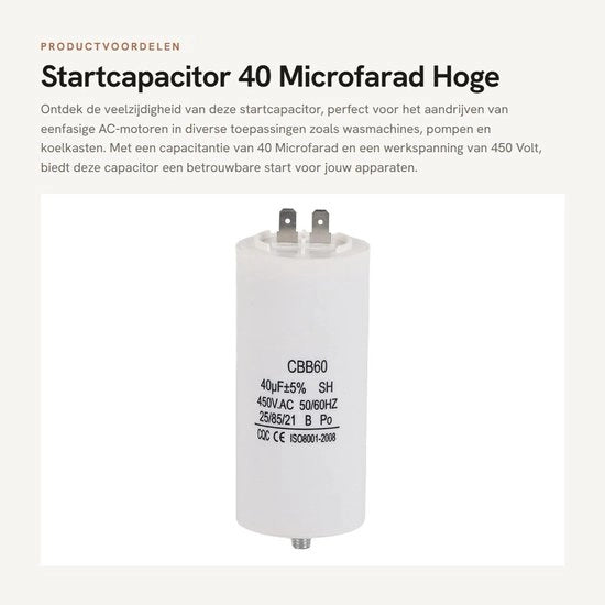 Capacitore di avvio - 40 Microfarad - Alta resistenza isolante - 450 Volt - Adatto per lavatrici - Progetto compatto - Alta durata