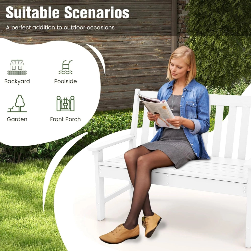 GIANTEX Panca da giardino per 2 persone, panca da parco in plastica con schienale alto, panca da esterno, resistente alle intemperie, per giardino, patio, terrazza, 132 x 65 x 91 cm (bianco)