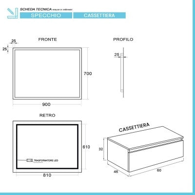 Mobile bagno sospeso 60 cm grigio perla lavabo 120 sinistro e specchio LED Iside