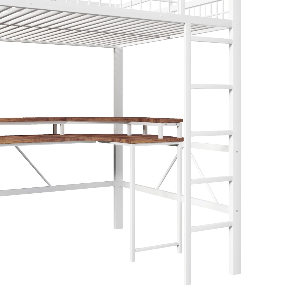 OKWISH Letto a Soppalco 140×200 cm, Letto Matrimoniale con LED Regolabile, Scrivania, USB, Tipo C e 2 Prese, senza Materasso, Bianco