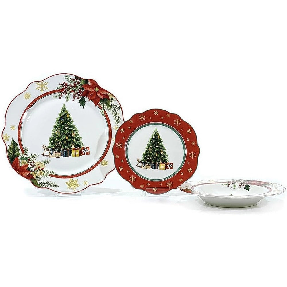 Trade Shop - Servizio Di Piatti Natalizi Da 18pz In Porcellana Per Festività Design Ondulato Elegante -