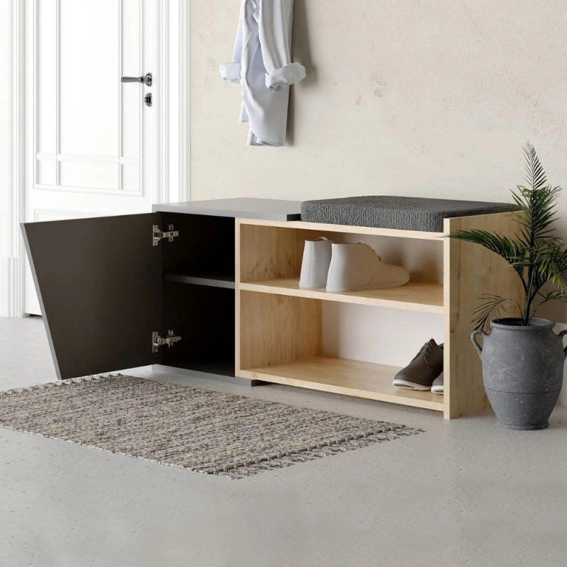 Panca scarpiera Fiona con struttura rovere e frontali antracite con cuscino