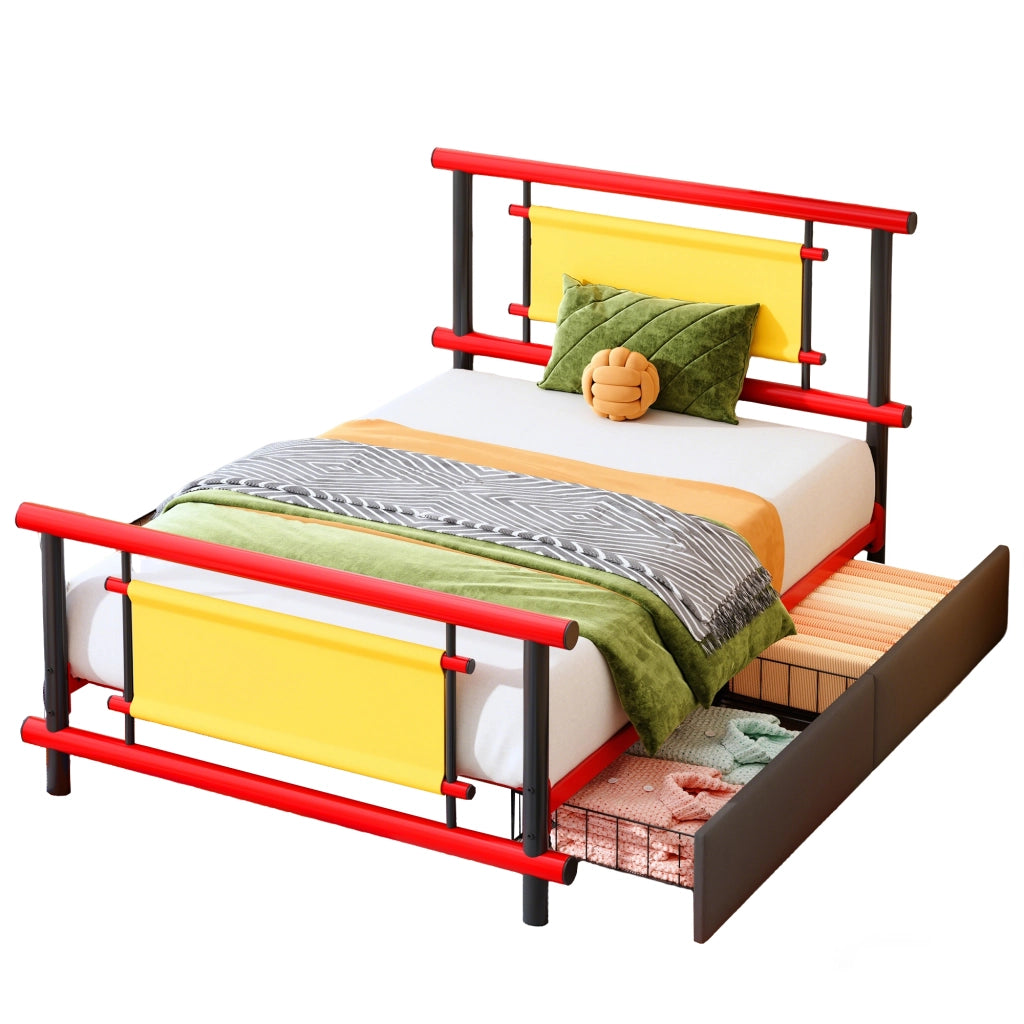 LETTO per bambini 90x200 cm in metallo rosso con cassetti