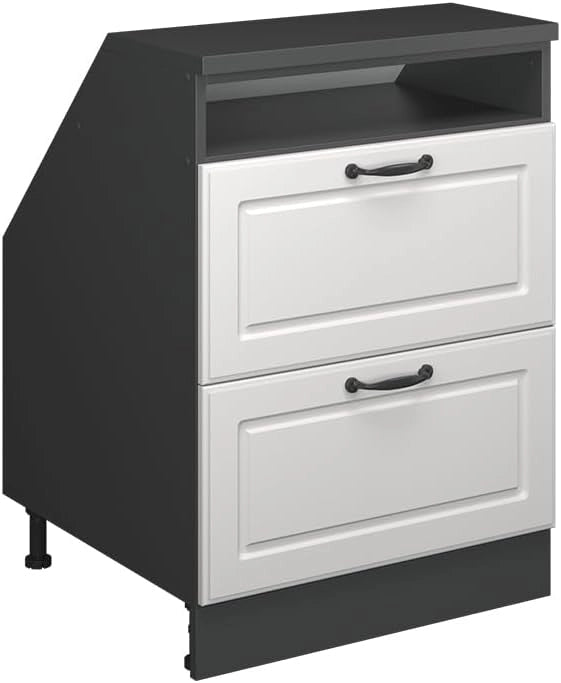 Mobile sottotetto Rion, Bianco casa di campagna, 60 x 81.6 cm con 2 cassetti, carcassa 60 cm profondità, adatto per il salvaspazio sotto tetti spioventi
