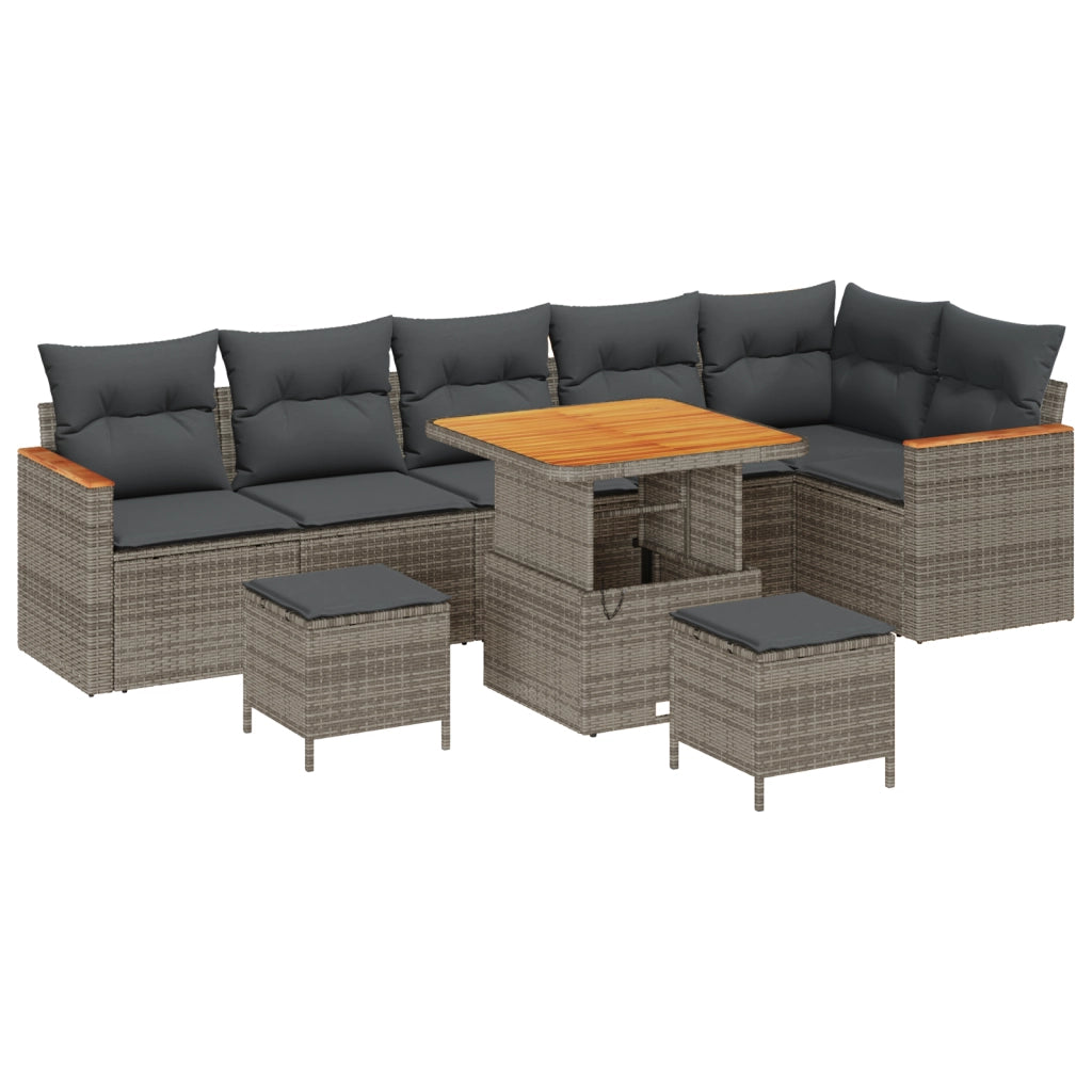 Set Divano da Giardino 9 Pezzi con Cuscini Grigio Rattan Polimerico Acacia