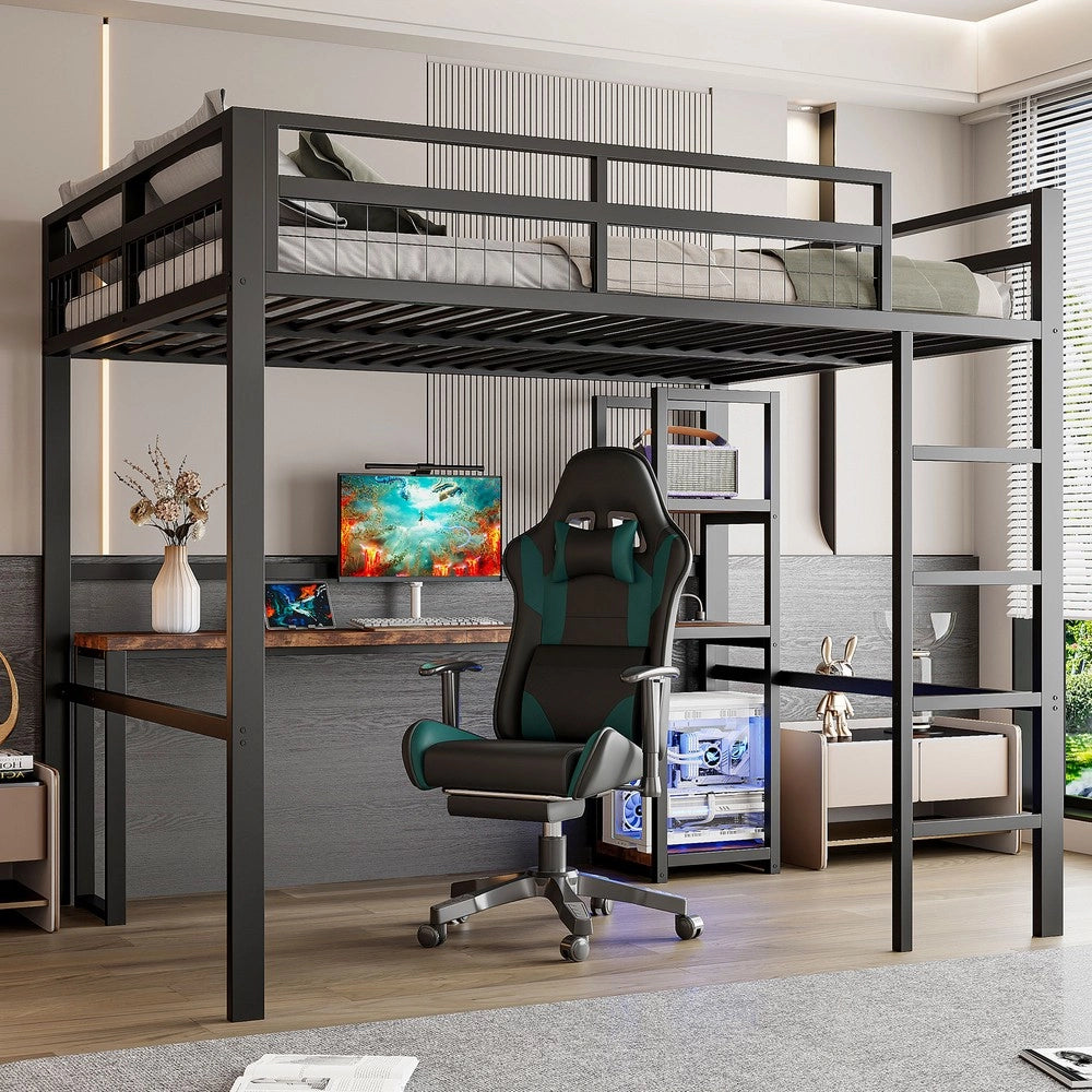 Letto a Soppalco con Scrivania e Prese USB ¨C MINIMAL ¨C Metallo Nero 140x200