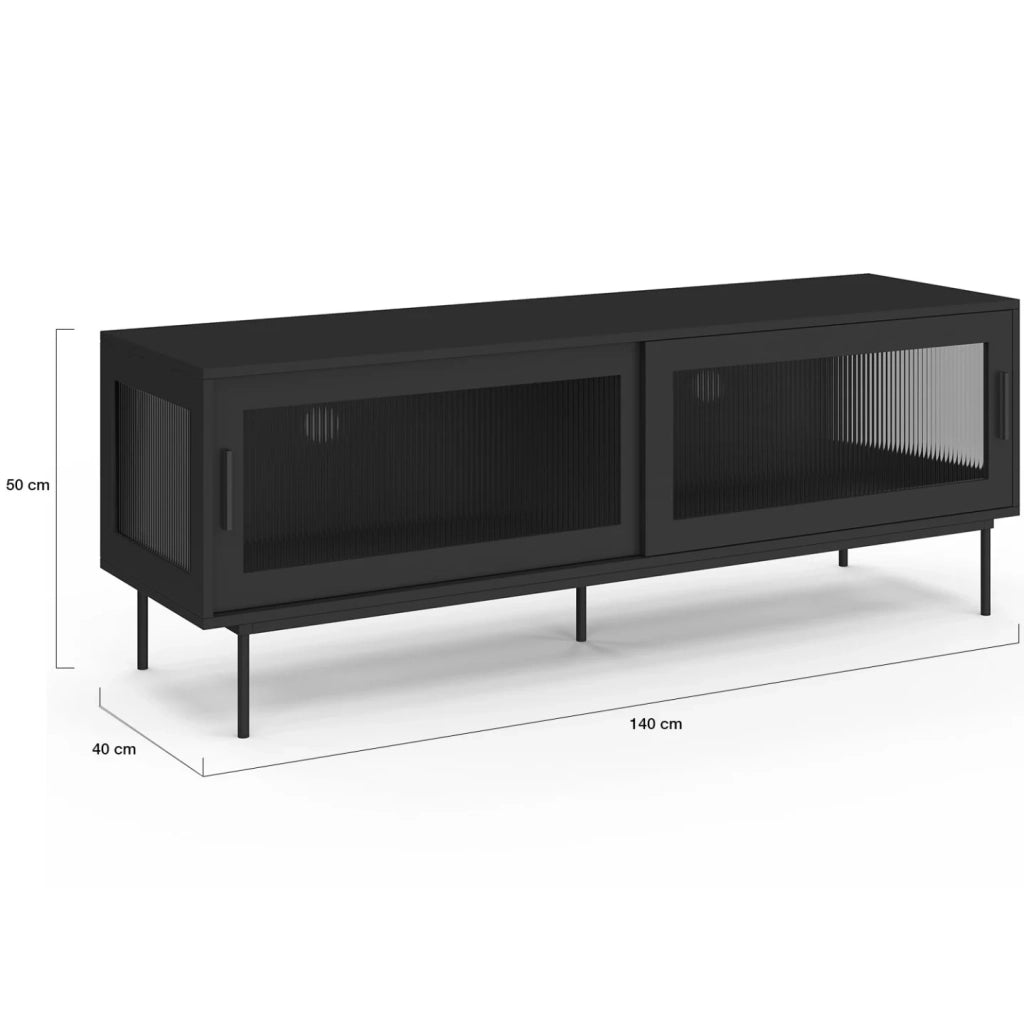 IDMarket - Mobile TV ZINEB 140 cm, 2 ante scorrevoli in vetro, frontale nero scanalato